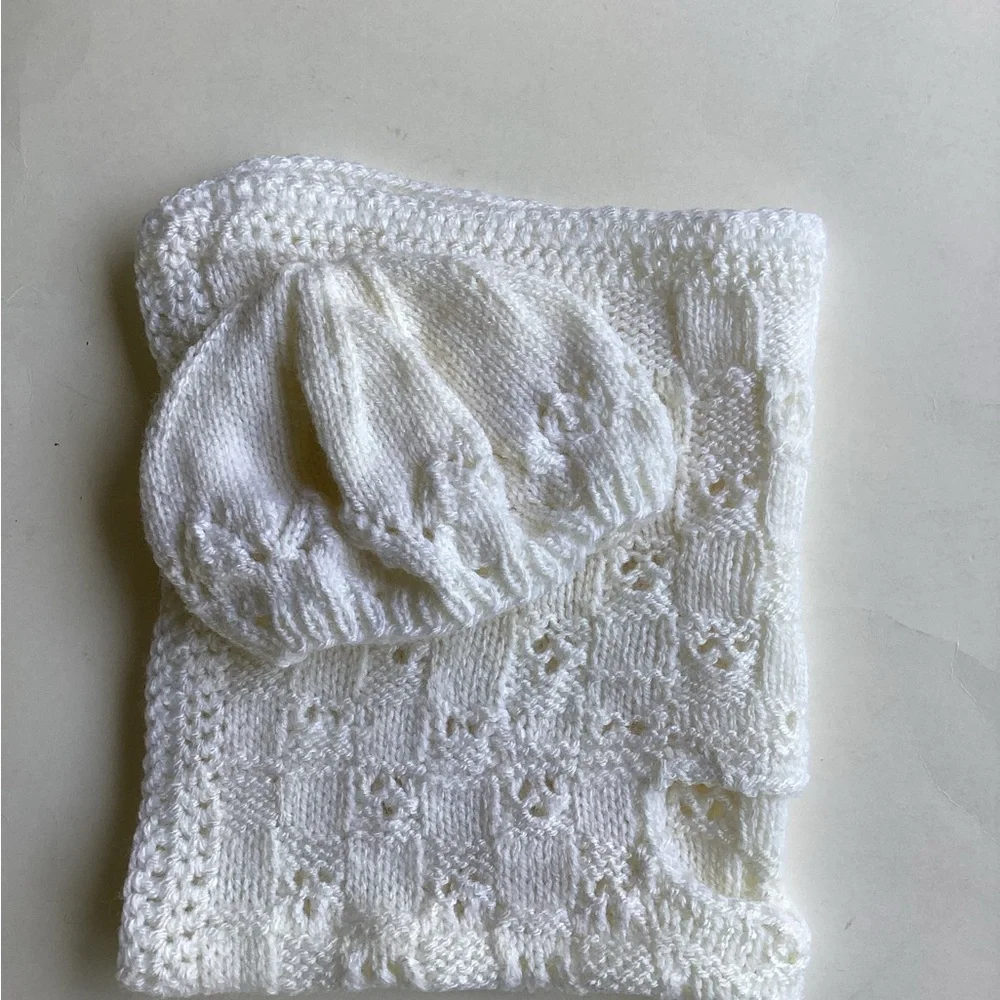 Carseat Baby Blanket Hand Crafted White Knitted Unisex